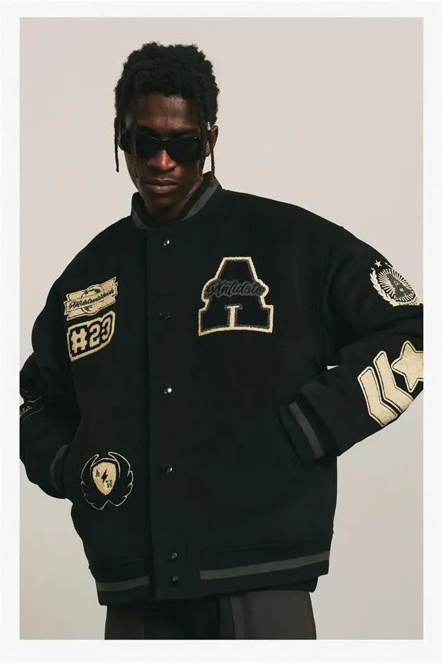 Black "A" Y2K Embroidered Hip-Hop Baseball Jacket