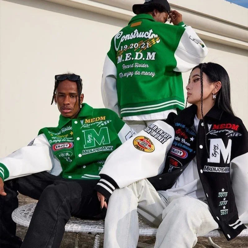 "M" Green and Black Retro Embroidered Baseball Jacket