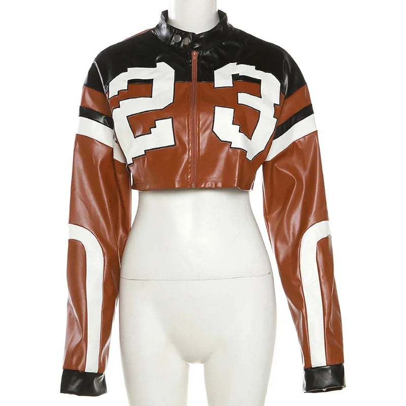 Vintage Cropped PU Leather Racing Jacket for Women