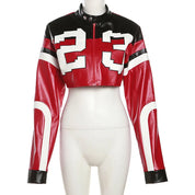 Vintage Cropped PU Leather Racing Jacket for Women