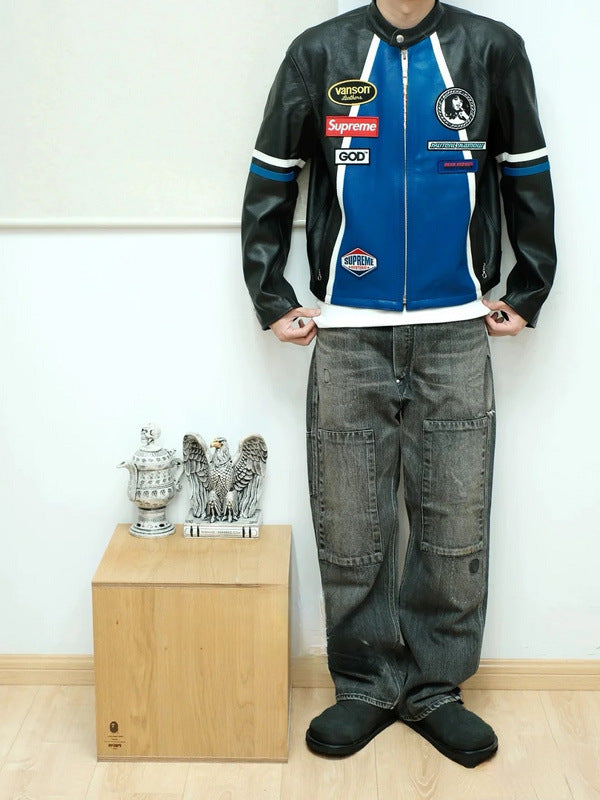 Supreme Blue Leather Vintage Racing Jacket