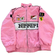 Pink jacket with Ferrari and Puma logos on a white background