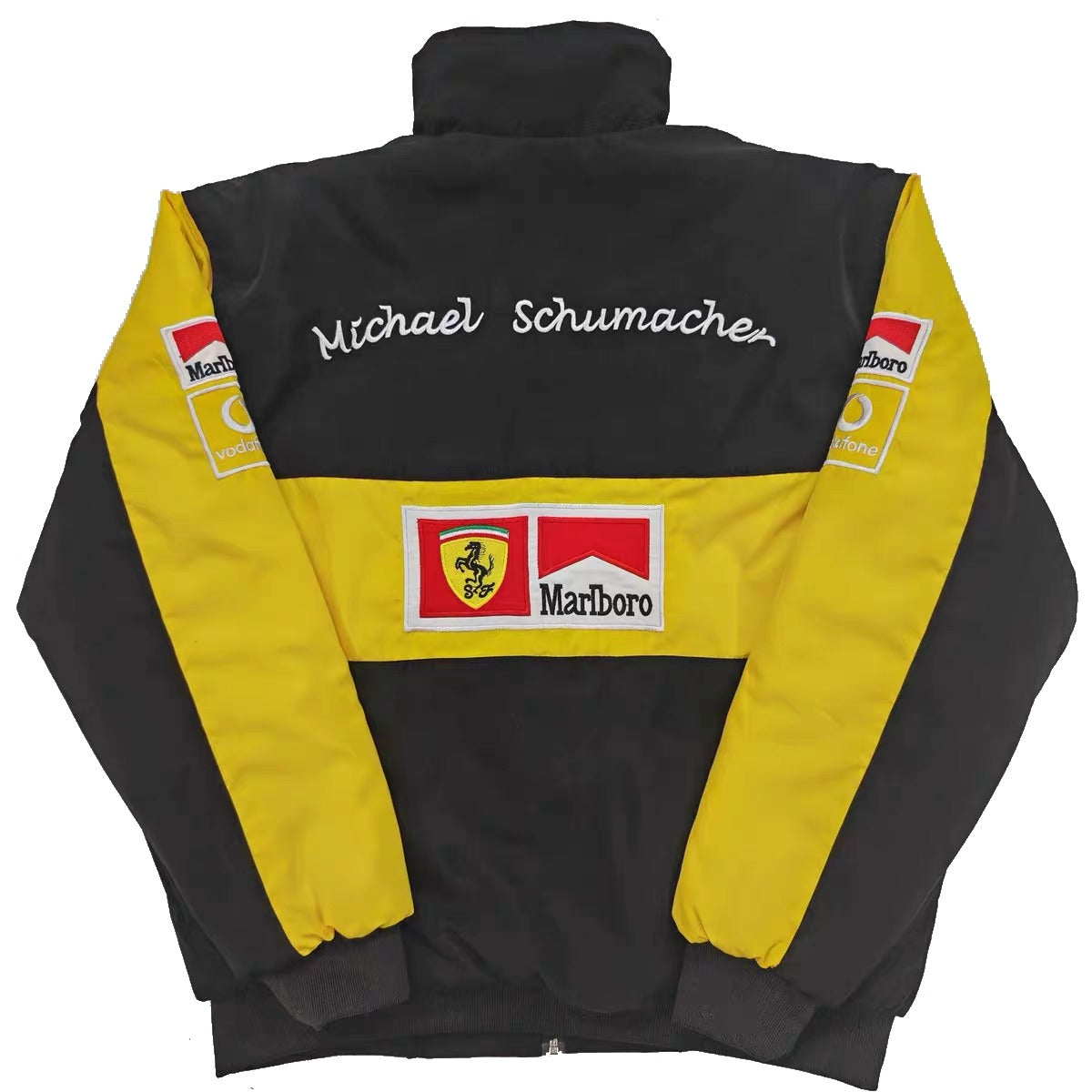 Black and yellow jacket with 'Michael Schumacher' branding on a white background