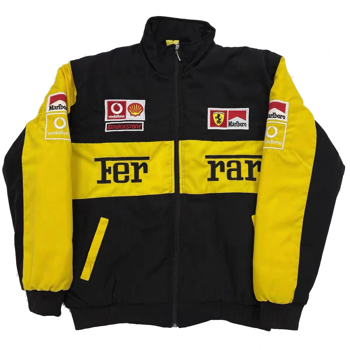 Black and yellow jacket with various logos on a white background
