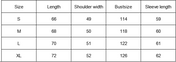 Jacket with size chart showing measurements in centimeters
